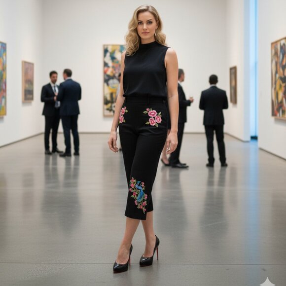 Lilly Pulitzer 100% Silk Black Pants with Embroidered Peacock Detail Size 14 EUC - Picture 1 of 8